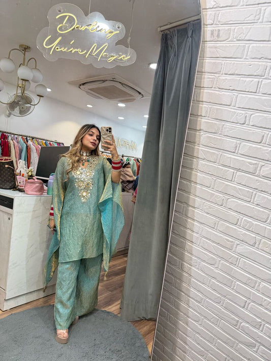 Designer Wear Blue Color Exclusive Suit In Embroidered With Real Mirror Worked Top With Plazzo Pair