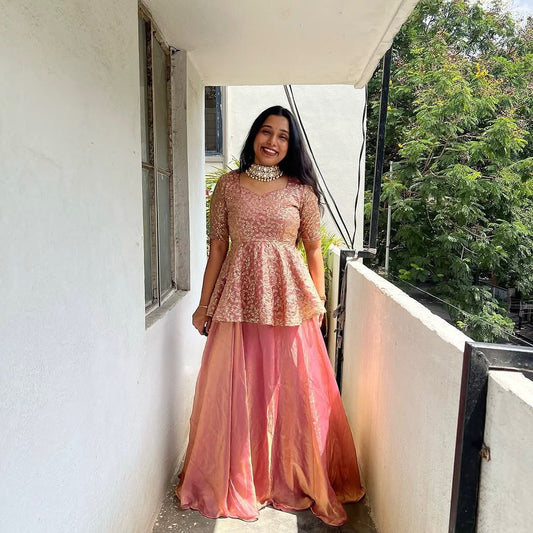 Designer Party Wear Sequence Worked Indo Western In Peach Color