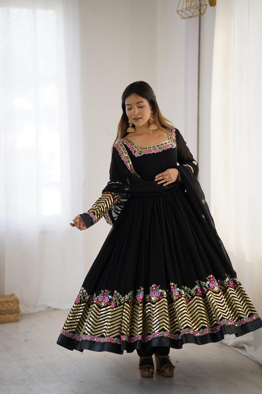 Black Color Elegant Embroidered Sequence Designer Anarkali Three Piece Set