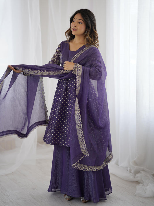 Wedding Wear Liliac Color Crunchy Silk Embroidered Sharara Suit Set