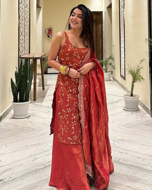 Designer Party Wear Organza Orange Color Plazzo Suit Set