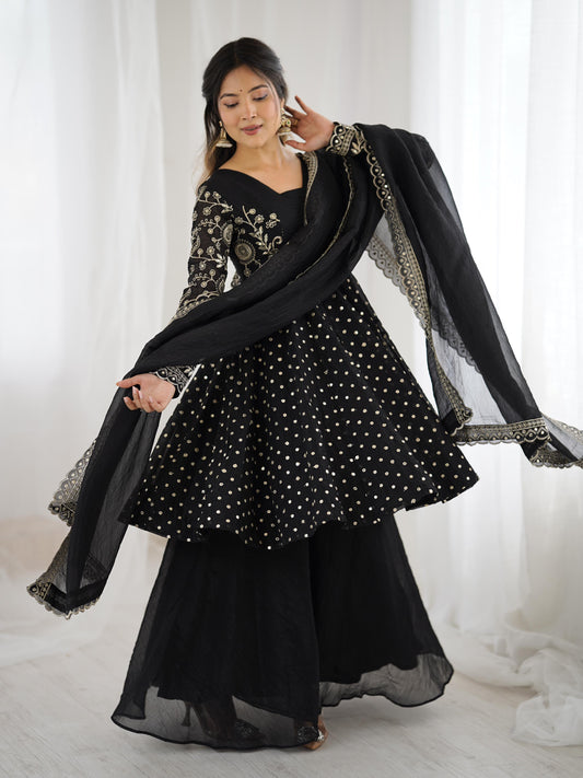 Wedding Wear Black Color Crunchy Silk Embroidered Sharara Suit Set