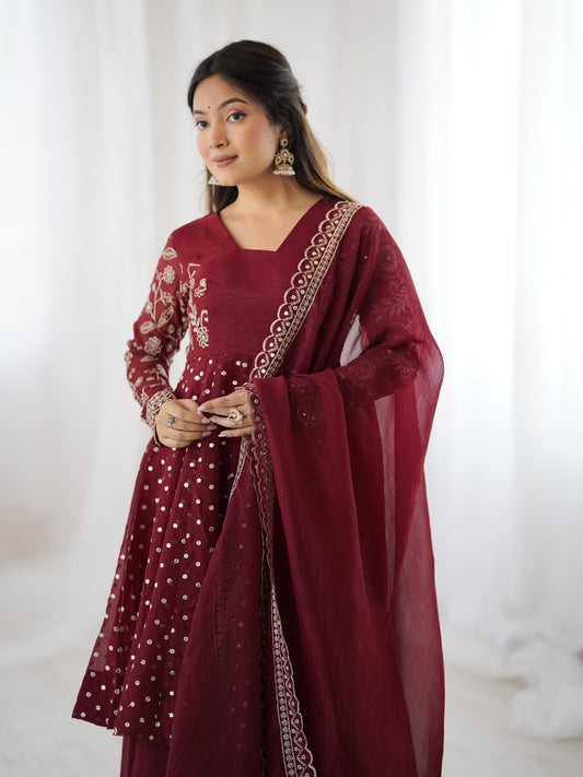 Wedding Wear Maroon Color Crunchy Silk Embroidered Sharara Suit Set