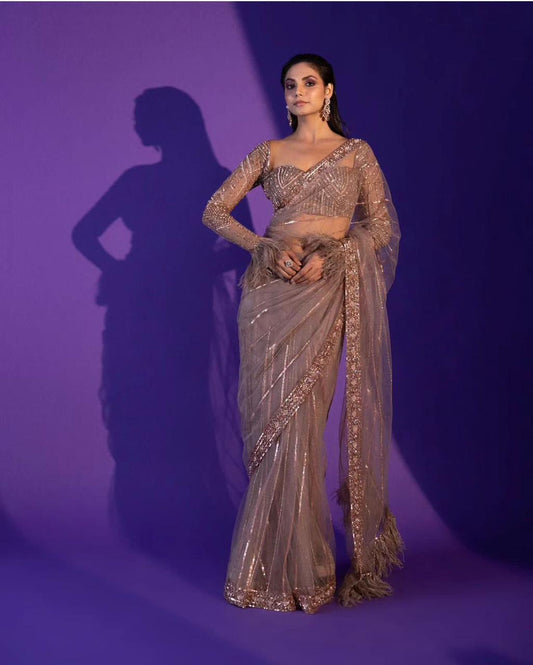 Designer Party Wear Beige Net Saree