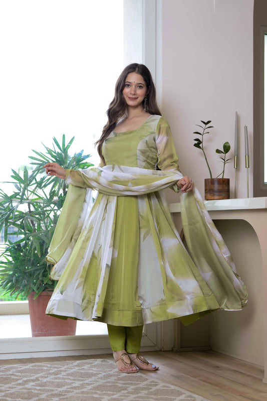 Green Color Pure Soft Lightweight Organza Floral Print Color Anarkali Suit Set