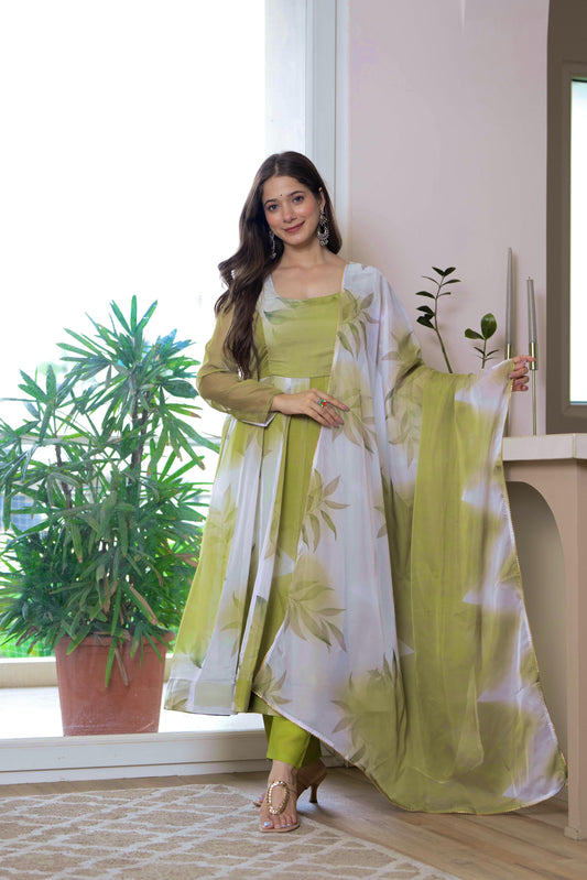 Green Color Pure Soft Lightweight Organza Floral Print Color Anarkali Suit Set