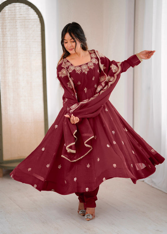 Party Dress Maroo Embroidered Sequence Designer Anarkali Three Piece Set