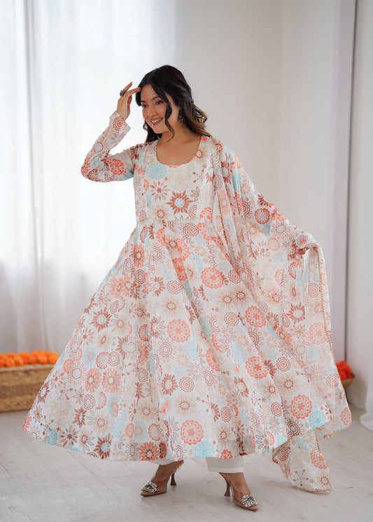 Pure Soft Lightweight Organza Floral Print White Color Anarkali Suit Set