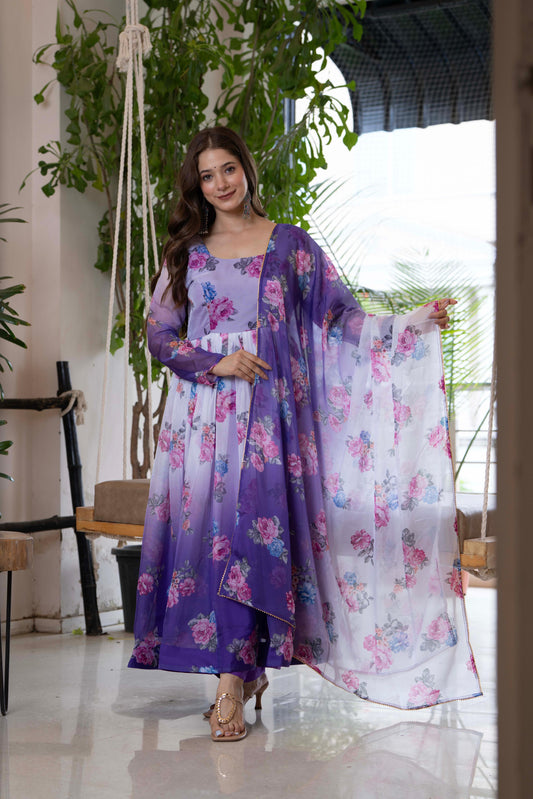 Pure Soft Lightweight Organza Floral Print Anarkali Suit Set