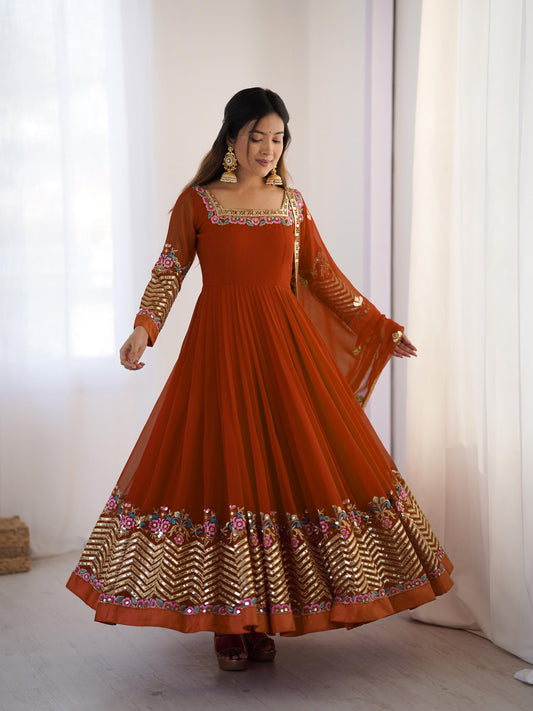 Orange Color Elegant Embroidered Sequence Designer Anarkali Suit