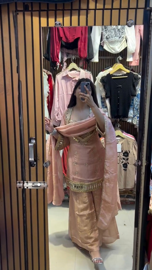Designer Party Wear Peach Color Mirror Work Plazzo Suit Set