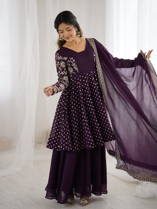Wedding Wear Purple Color Crunchy Silk Embroidered Sharara Suit Set