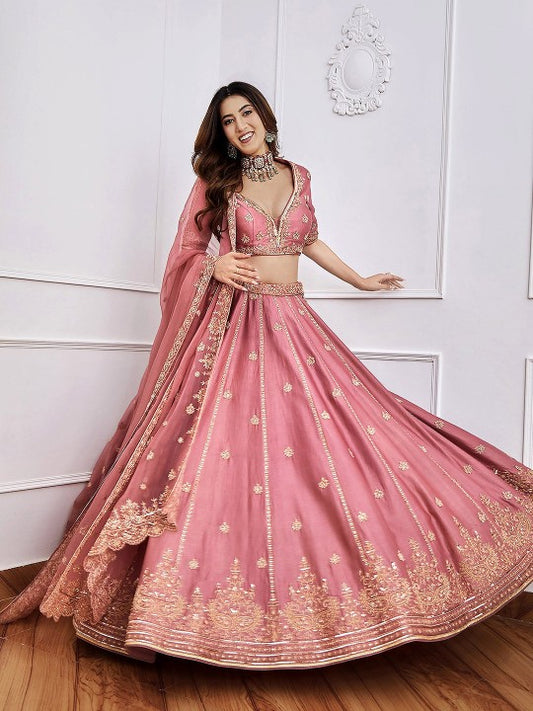 Embroidered Sequinned Semi-Stitched Lehenga & Unstitched Blouse With Dupatta