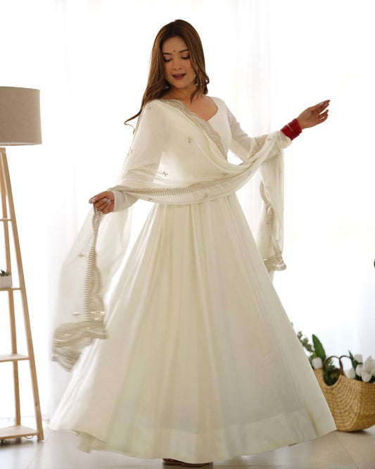 White Anarkali Suit with Embroidered Dupatta
