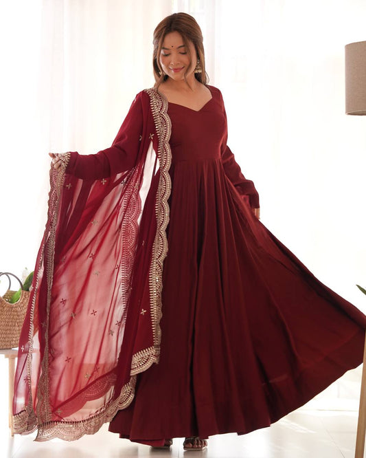Maroon Yellow Anarkali Suit with Embroidered Dupatta