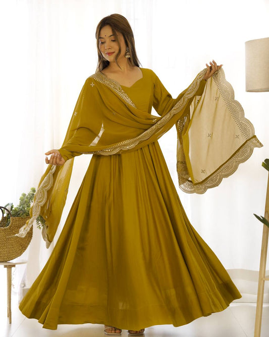 Mustard Yellow Anarkali Suit with Embroidered Dupatta