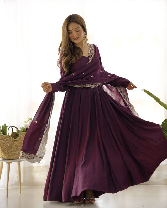 Wine Anarkali Suit with Embroidered Dupatta