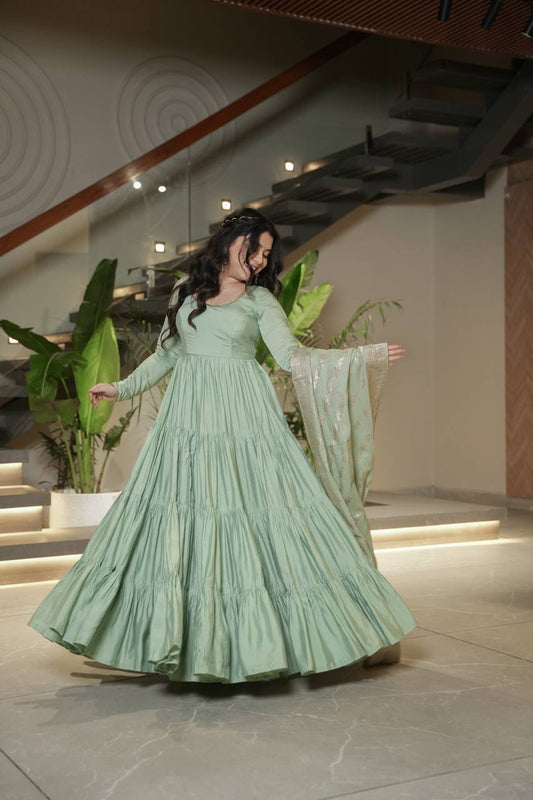Pista Color Pure Roman Silk Ruffle Style Anarkali Suit Set
