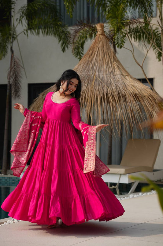 Pink Color Pure Roman Silk Ruffle Style Anarkali Suit Set