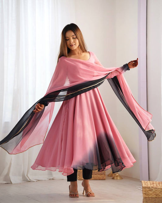 Pink Georgette Anarkali Kurti Set with Black Ombre Dupatta