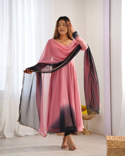 Pink Georgette Anarkali Kurti Set with Black Ombre Dupatta