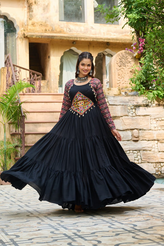 Black Navratri Special Flared Gown With Kutchi Mirror Work & Full Sleeves