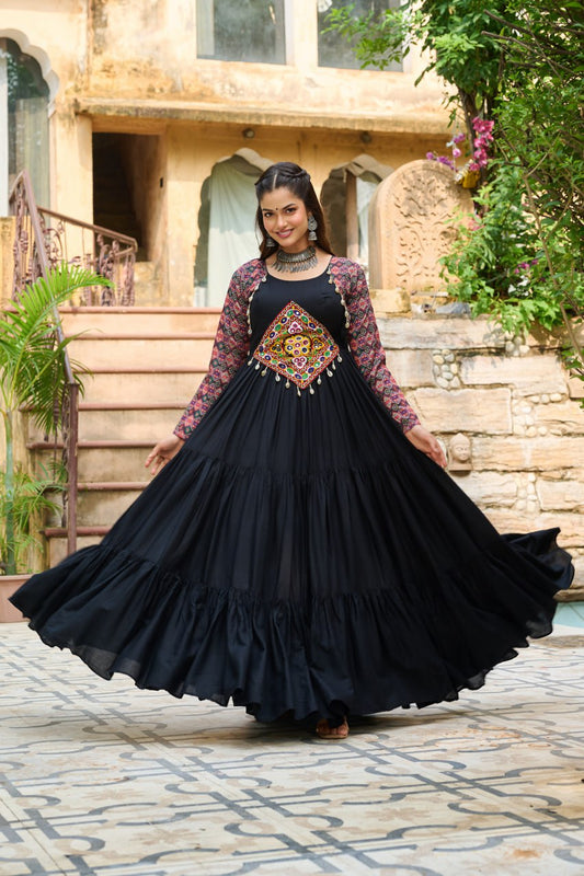 Black Navratri Special Flared Gown With Kutchi Mirror Work & Full Sleeves