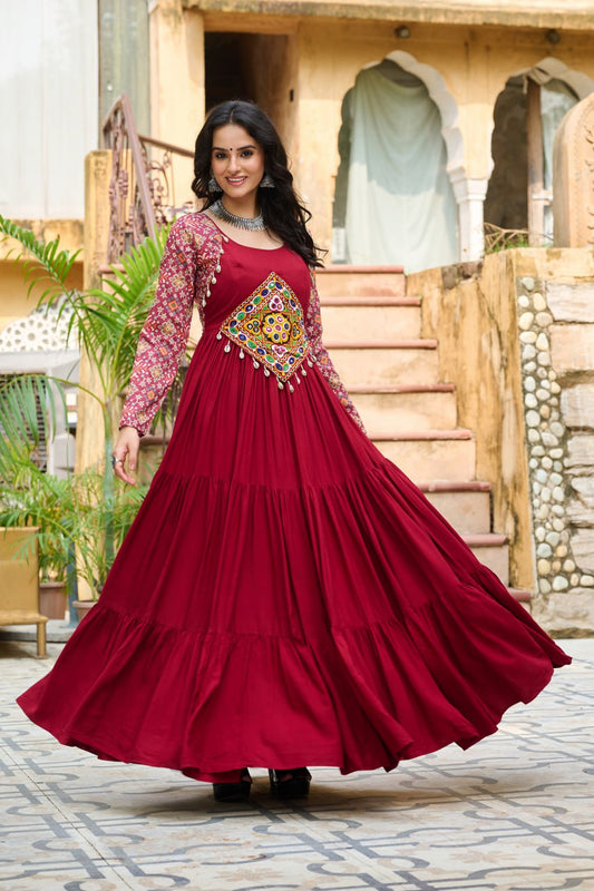 Maroon Navratri Flared Maxi Dress with Traditional Kutchi Embroidery