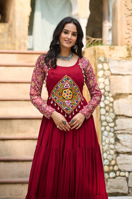 Maroon Navratri Flared Maxi Dress with Traditional Kutchi Embroidery