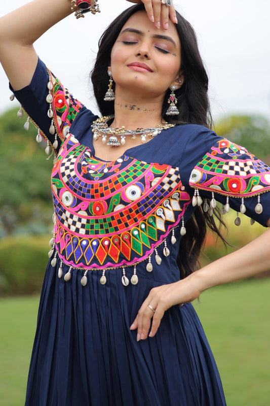 Boho Style Navy Blue Anarkali Gown with Vibrant Kutchi Embroidery