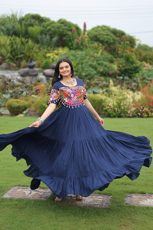 Boho Style Navy Blue Anarkali Gown with Vibrant Kutchi Embroidery