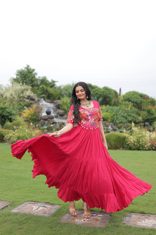Rani Pink Navratri Gown with Traditional Mirror Work & Embroidery