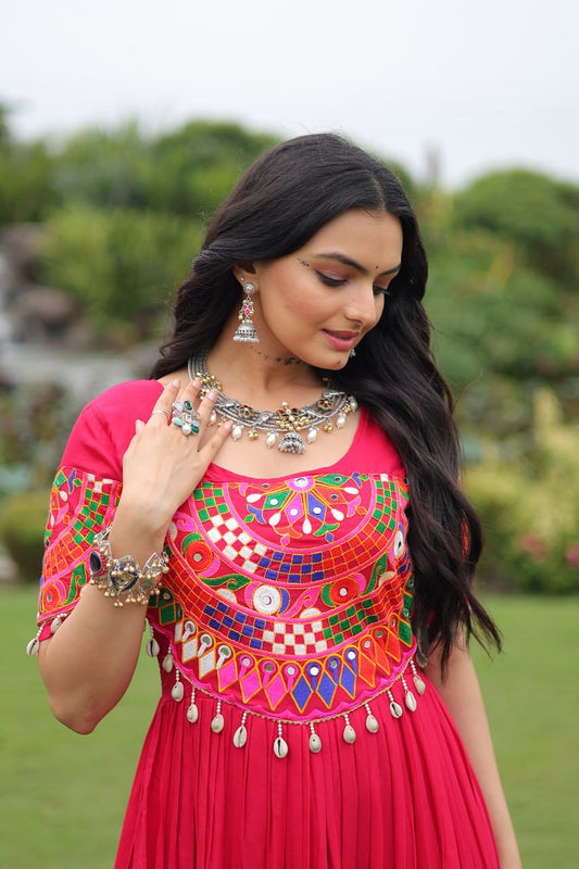 Rani Pink Navratri Gown with Traditional Mirror Work & Embroidery