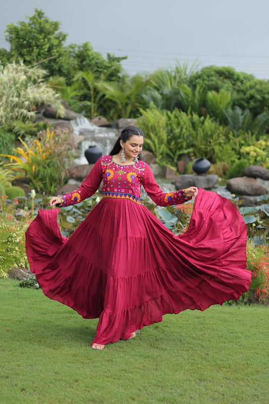 Navratri Special Maroon Flared Anarkali Gown with Colorful Mirror Embroidery