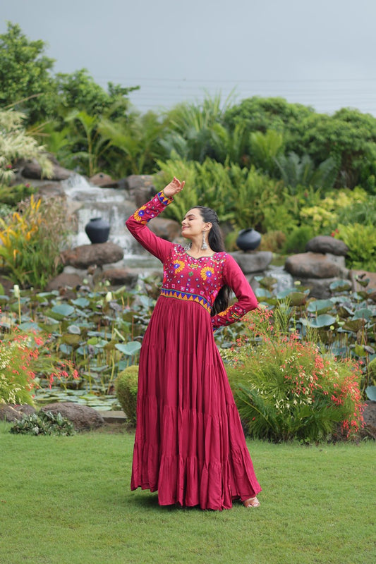 Navratri Special Maroon Flared Anarkali Gown with Colorful Mirror Embroidery