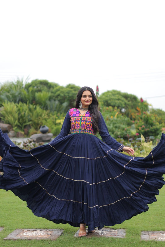 Navy Blue Navratri Gown With Vibrant Kutchi Embroidery