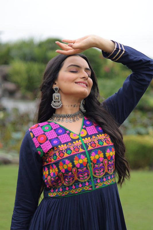 Navy Blue Navratri Gown With Vibrant Kutchi Embroidery