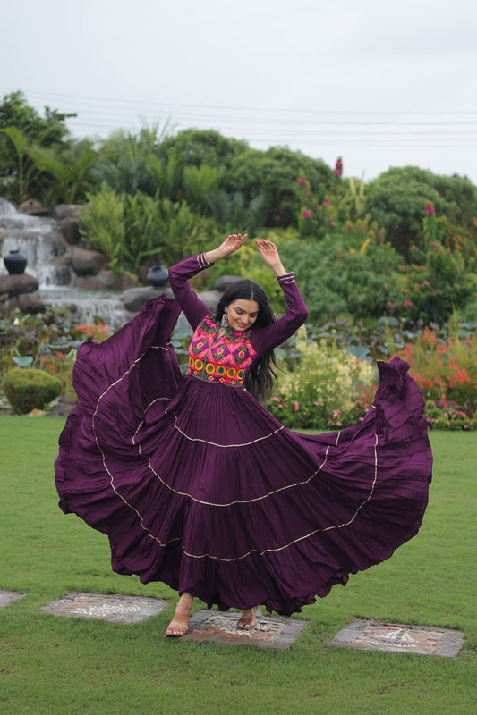 Navratri Special Wine Purple Anarkali Dress with Bold Mirror Embroidery