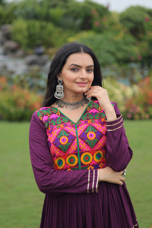 Navratri Special Wine Purple Anarkali Dress with Bold Mirror Embroidery