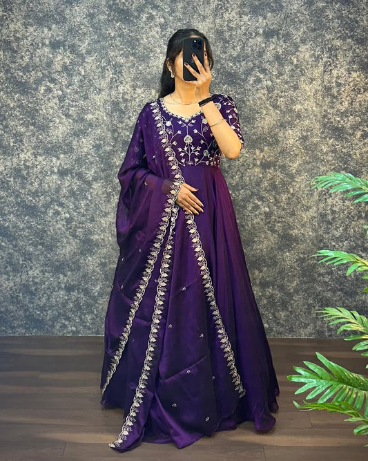 Wedding Wear Embroidered Work Purple Color Silk Gown
