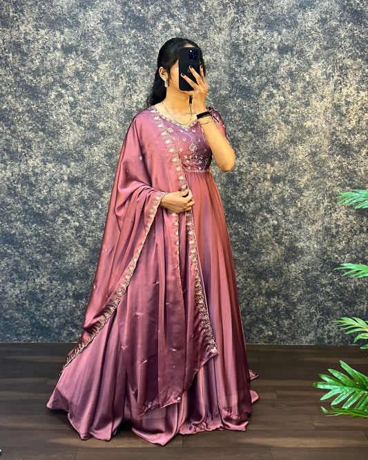 Wedding Wear Embroidered Work Pink Color Silk Gown