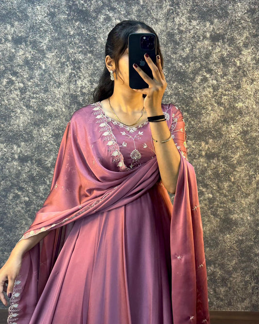 Wedding Wear Embroidered Work Pink Color Silk Gown