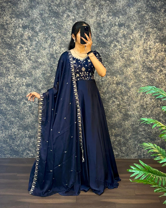 Wedding Wear Embroidered Work Navy Blue Color Silk Gown