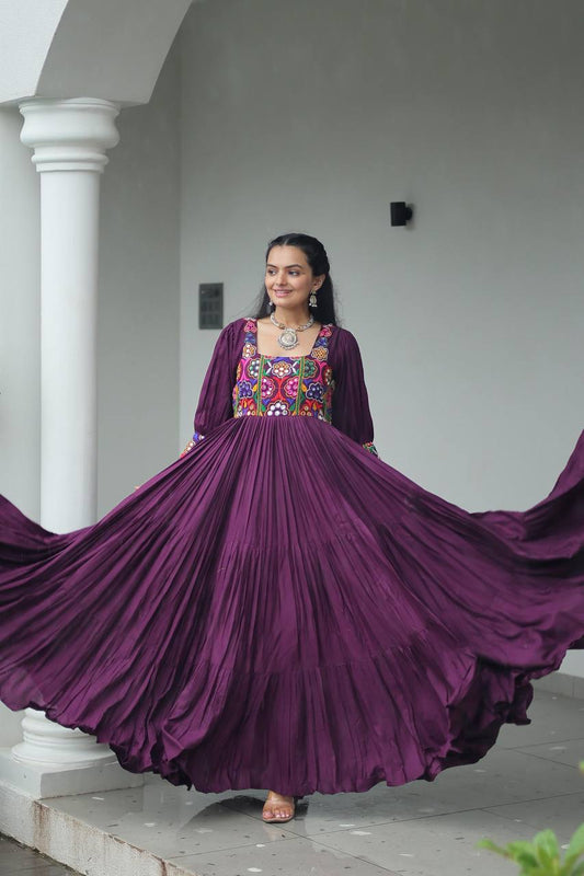 Navratri Special Plum Purple Flared Anarkali Gown with Kutchi Embroidery