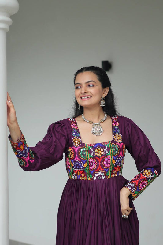 Navratri Special Plum Purple Flared Anarkali Gown with Kutchi Embroidery