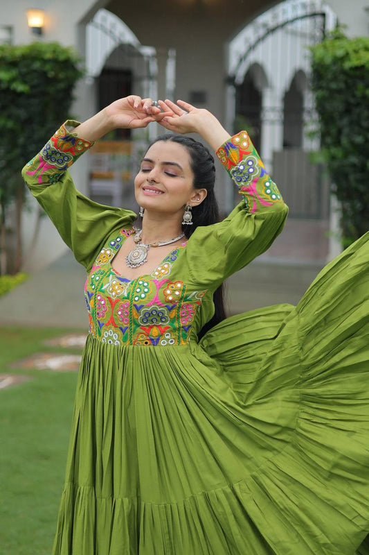 Navratri Special Olive Green Anarkali Gown With Vibrant Kutchi Embroidery & Mirror Work