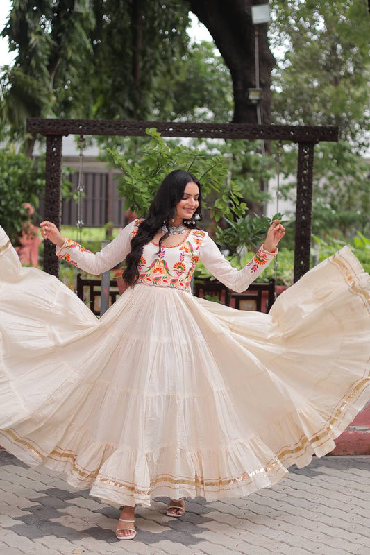 Kora Cotton Embroidered Gown with Multi Thread for Navratri Special