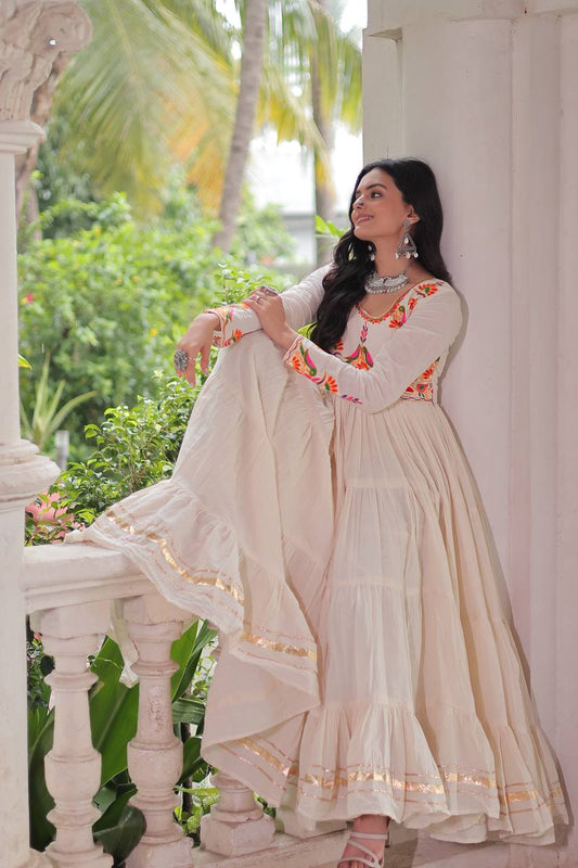 Kora Cotton with Multi Thread Embroidered Navratri Special Gown