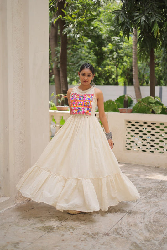 Off White Flared Maxi Dress with Multicolor Mirror Embroidered Yoke