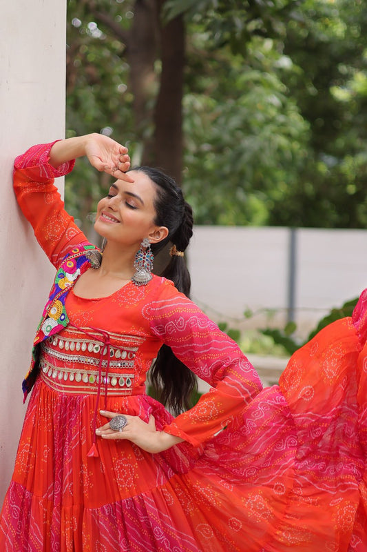 Bandhani Flared Anarkali Dress with Mirror Work Kutch Jacket Design